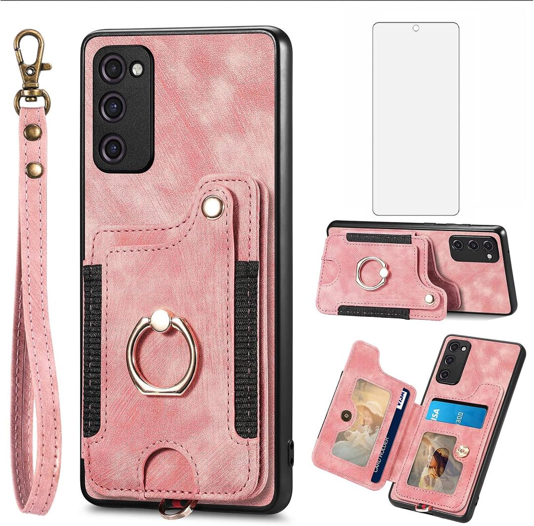 Phone Case for Samsung Galaxy S20 FE 5G 6.5 inch Wallet Cover with Screen Protector Wrist Strap Lanyard RFID Card Holder Ring Stand S 20 EF UW S20FE5G S20FE 20S S2O Fan Edition 4G G5 Women Men Pink