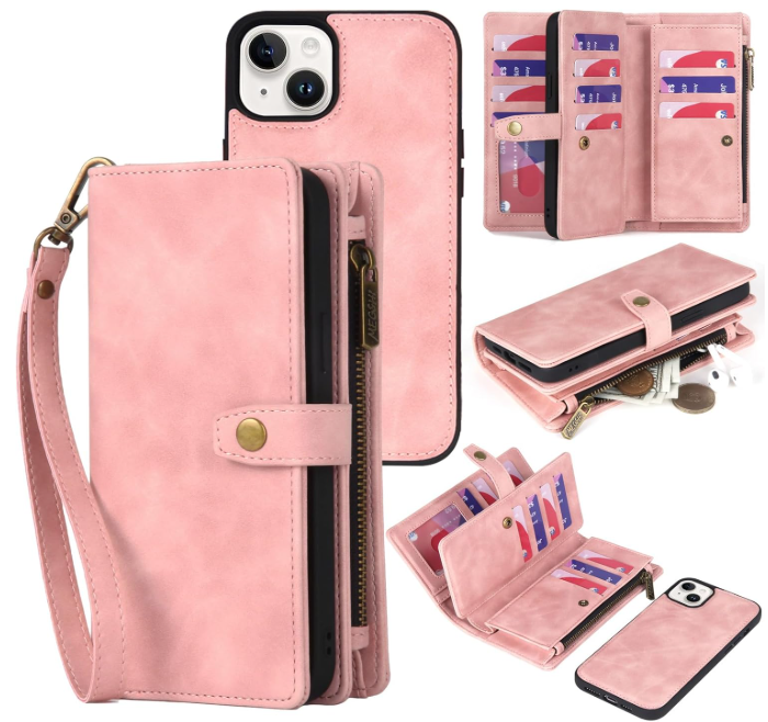 TwoHead Wallet Case Compatible with iPhone 15, ,Detachable Magnetic Phone Case,PU Leather All-Round Protective Case Wallet with Card Holder/Change Pocket,6.9 in,Pink
