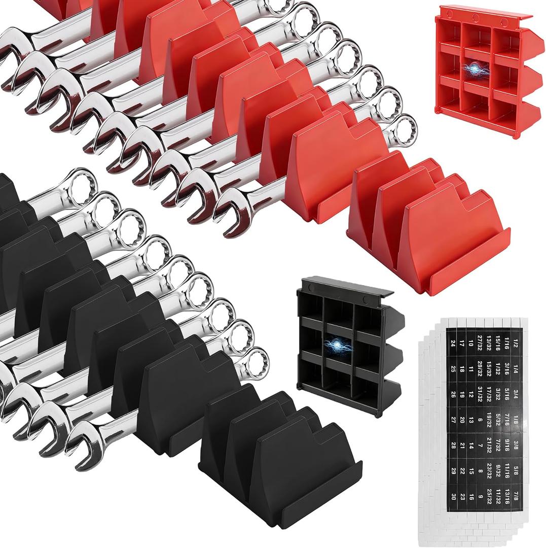 100Pcs Magnetic Modular Wrench Organizer Set, Wrench Holder Rack for Tool Box & Drawer Storage, Wrenches Tool Organizers with 5 Metric & SAE Label, Gift for Mechanics, Dad, Men (Black & Red)