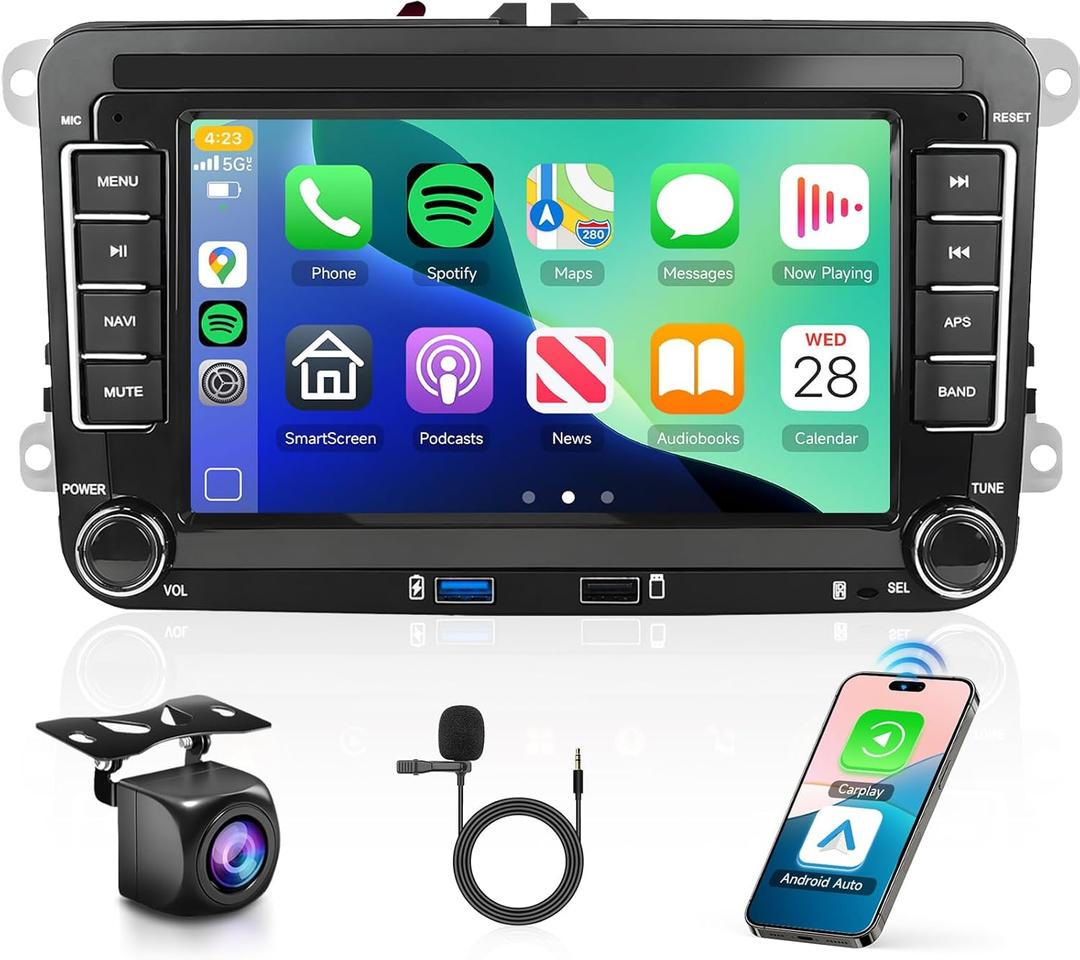 Android for VW Jetta Seat Passat Tiguan CC Golf Skoda Double Din Car Stereo with Wireless Carplay/Android Auto 7 Inch HD Touchscreen Head Unit GPS WiFi Bluetooth SWC FM Backup Camera Dual Mic