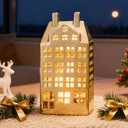 DN DECONATION Christmas Village House Decorations, Light Up Ceramic House Decor, Gold Christmas Town Building Figurines with Lights, Winter Decor for Table Centerpiece Xmas Gifts