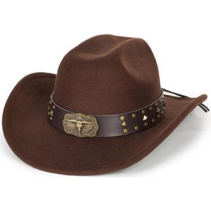 INOGIH Classic Black Western Felt Roll-Up-Brim Cowboy-Hat for Women Men - Bling Cowgirl-Hat Felt Fedora for Disco Parties (Brown)