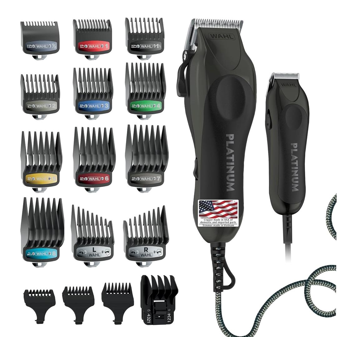 Wahl USA Pro Series Platinum Corded Clipper & Corded Trimmer for Home Haircutting with Color Coded Guide Combs  Model 79804-100 (30 Piece Set)
