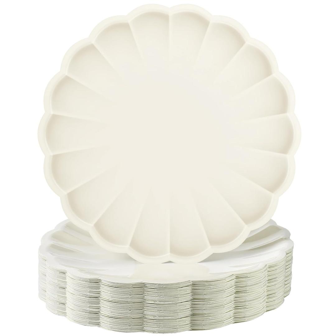 60 Pcs Large Scalloped Paper Plates 9.5 Inch Shell Edge Disposable Dinner Plates for Birthday Wedding Baby Shower Party Decorations (Cream Color)