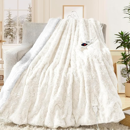 MAXEVE Heated Blanket Electric Throw 50"x60" Faux Rabbit Fur Blankets with 6 Heating Sets & 12 Hours Auto Off, Warm Gifts for Grandma Wife, ETL Certification (Pink)