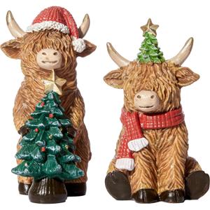 RM ROOMERS Christmas Highland Cow Decor Resin Highland Cow Figurines with Santa Hat Scarf & Tree for Tabletop Shelf Mantel Home Christmas Decoration (Set of 2, 5.39" & 4.48H) (Brown & Red & Green)