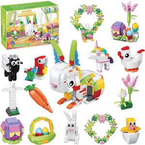 12Pcs Easter Egg Fillers Building Kits, Easter Rabbit 12 in 1 Building Blocks Set, Easter Bricks Toy Gift Easter Egg Fillers, Easter Basket Stuffers, Easter Party Favors for Kids 6+