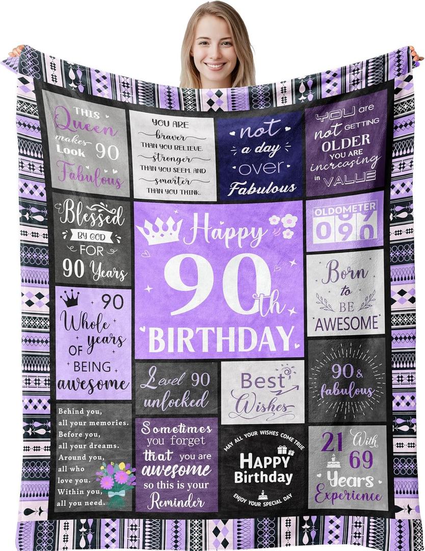 90th Birthday Gifts for Women Soft Purple Blanket 60"X50", Best Gifts for 90 Year Old Woman, Happy 90th Birthday Ideas Party Favors Decorations, 1935 Woman Present Throw