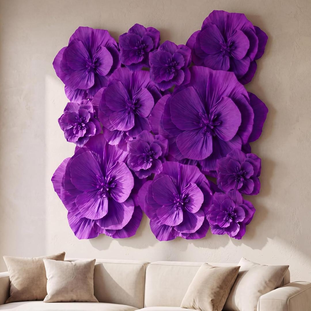 Giant Paper Flowers Artificial Large Paper Flower Decoration for Handcrafted Wall Backdrop Christmas Mexican Wedding Graduation Bridal Shower Birth Party Supplies(Purple,12 Pcs)