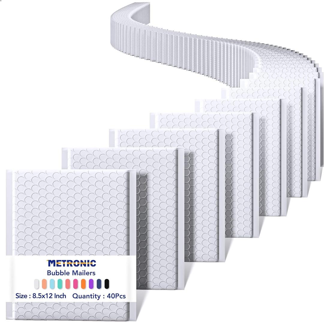 METRONIC 8.5 x 12 Bubble Mailers 40 Pack, White Bubble Mailers, Strong Adhesion Padded Envelopes, Shipping Envelopes Bubble Mailer, Bubble Envelopes for clothing, Padded Mailers Usable Size 8.5 x 11