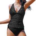 CUPSHE Women's Tankini Sets Scalloped V Neck Two Piece Bathing Suits Crossback Straps High Waisted Ruched (Large)