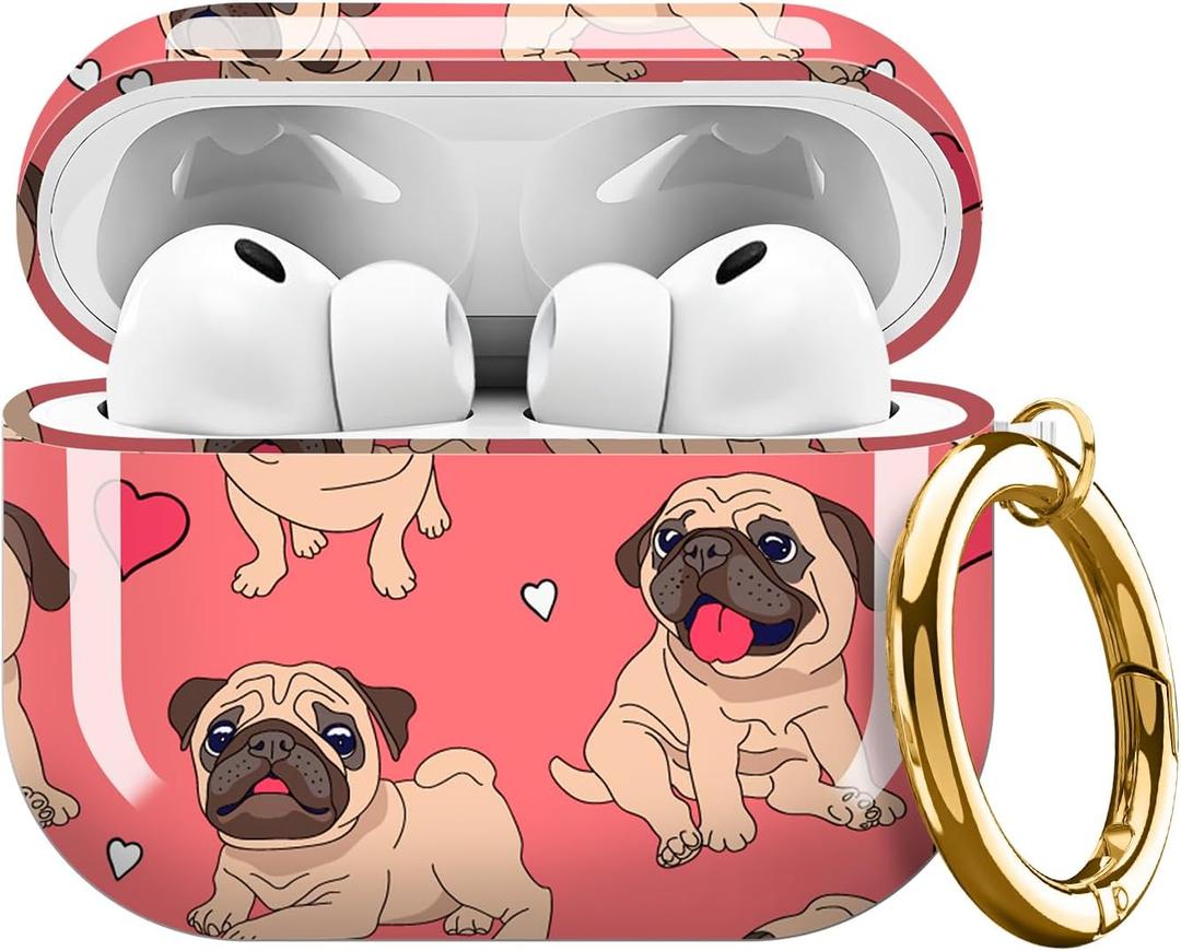 Compatible with AirPods Pro 3 Case 2025 for Women Girls  Cute Shockproof Protective Cover with Gold Round Buckle, Anti-Drop Soft Case for AirPod Pro 3rd Gen (Animated Pug Dog Red Heart)