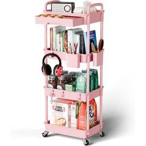 4 Tier Rolling Cart Organizer,Art Craft Diaper Bedside Snack Laundry Room Bathroom Organizer Narrow Thin Slim Rolling Trolley Utility Cart with Wheels for Kitchen,Office(Pink)