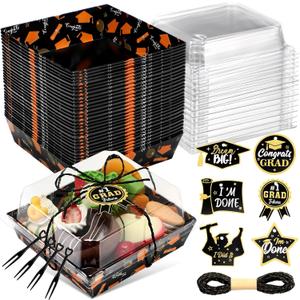4 x Baderke 50 Set Graduation Paper Charcuterie Boxes with Clear Lids Forks Mini Charcuterie Box Disposable Dessert Boxes for Sandwich, Cookie, Sushi, Cake Slice, Strawberries(Black)