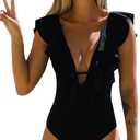 SPORLIKE Women One Piece Swimsuit V-Neck Ruffle Bathing Suit Padded Monokini, Solid Black, Large
