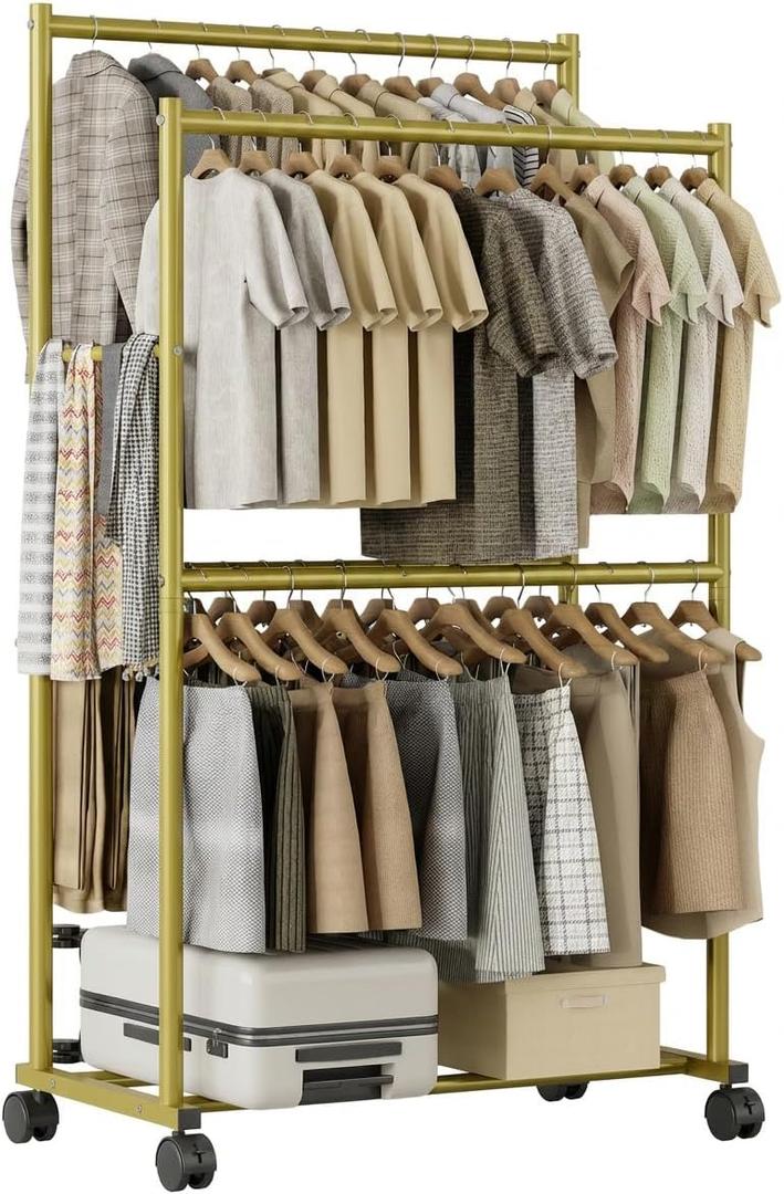 Heavy Duty Clothes Rack - 41.3" x 21.7" x 76.8", 4-Bar Double Rod Rolling Metal Clothing Rack for Hanging Clothes, Portable Garment Rack with Wheels for Bedroom Laundry, Closet Wardrobe, Gold