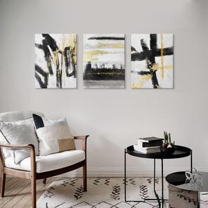 7Fisionart Black and White Abstract Canvas Wall Art 3 Piece Gold Painting Modern wall Decor Canvas Print Framed Artwork for Living Room Office Bedroom Ready to Hang 12" x 16" x 3pcs