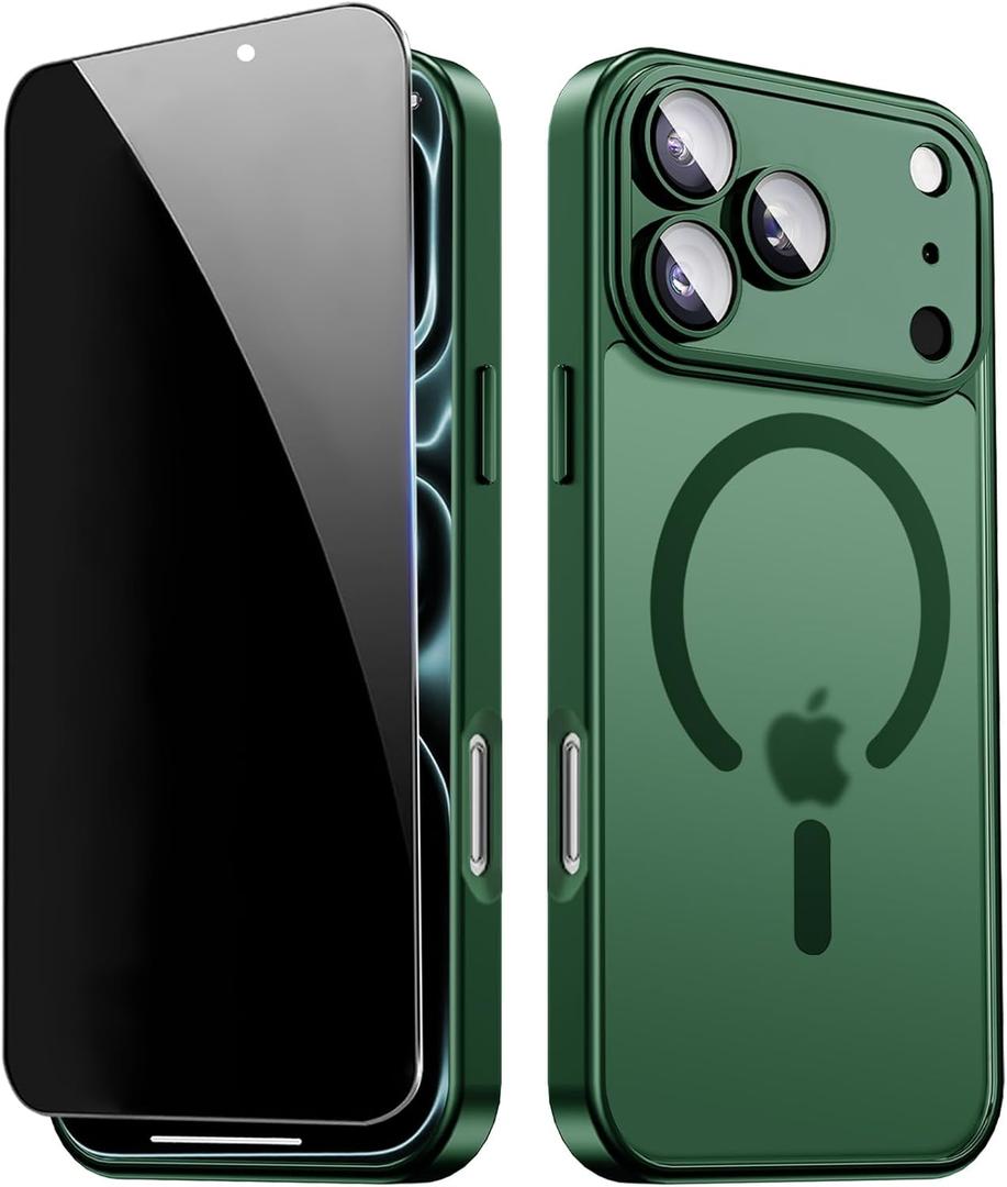 Magnetic for iPhone 17 Pro Max Case with Privacy Screen Protector, Compatible with MagSafe,Matte Shockproof Slim Cases for iPhone 17 Pro Max with Camera Protection Cover,Green