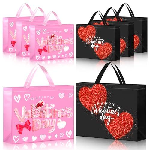 Sweetude 6 Pcs Extra Large Valentine's Day Gift Bags Bulk 16" x 13" Reusable Pink Gift Bags for Flower Candy Red Heart Wrapping Pink Black Tote Bag with Handles Non Woven Bag for Valentines Day Gifts
