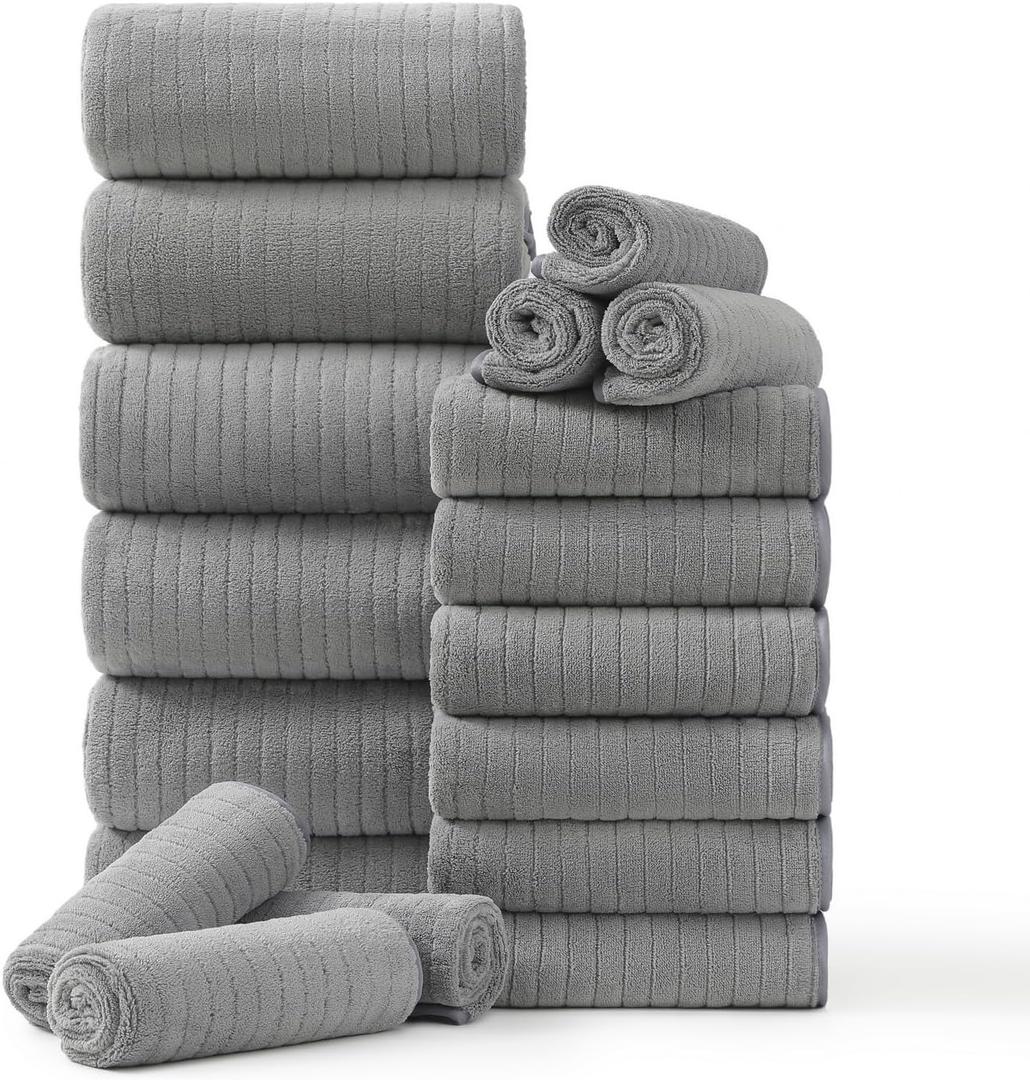 18 Piece Family Bath Towel Set Include 6 Bath Towels,6 Hand Towels and 6 Washcloths Soft Bathroom Towel with Hanging Loops,Highly Absorbent Quick Dry Towels Set for Bathroom,Hotel and Spa-Grey