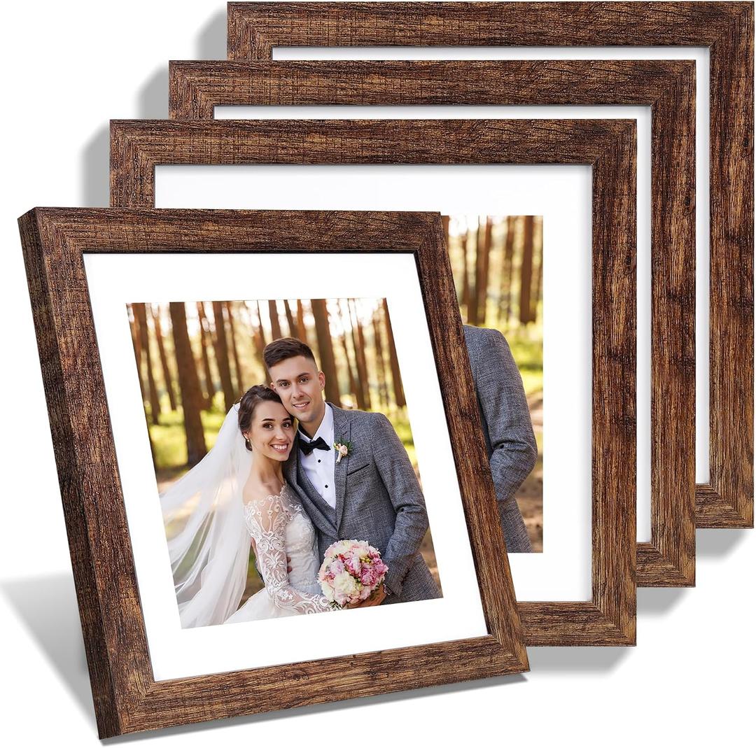 Hongkee 10x10 Picture Frame Set of 4, Made of Glass and Rustic Brown Wooden Frame - Display Picture 8x8 with Mat or 10 x 10 Without Mat, 10 by 10 Photo for Wall or Tabletop, 10x10 in