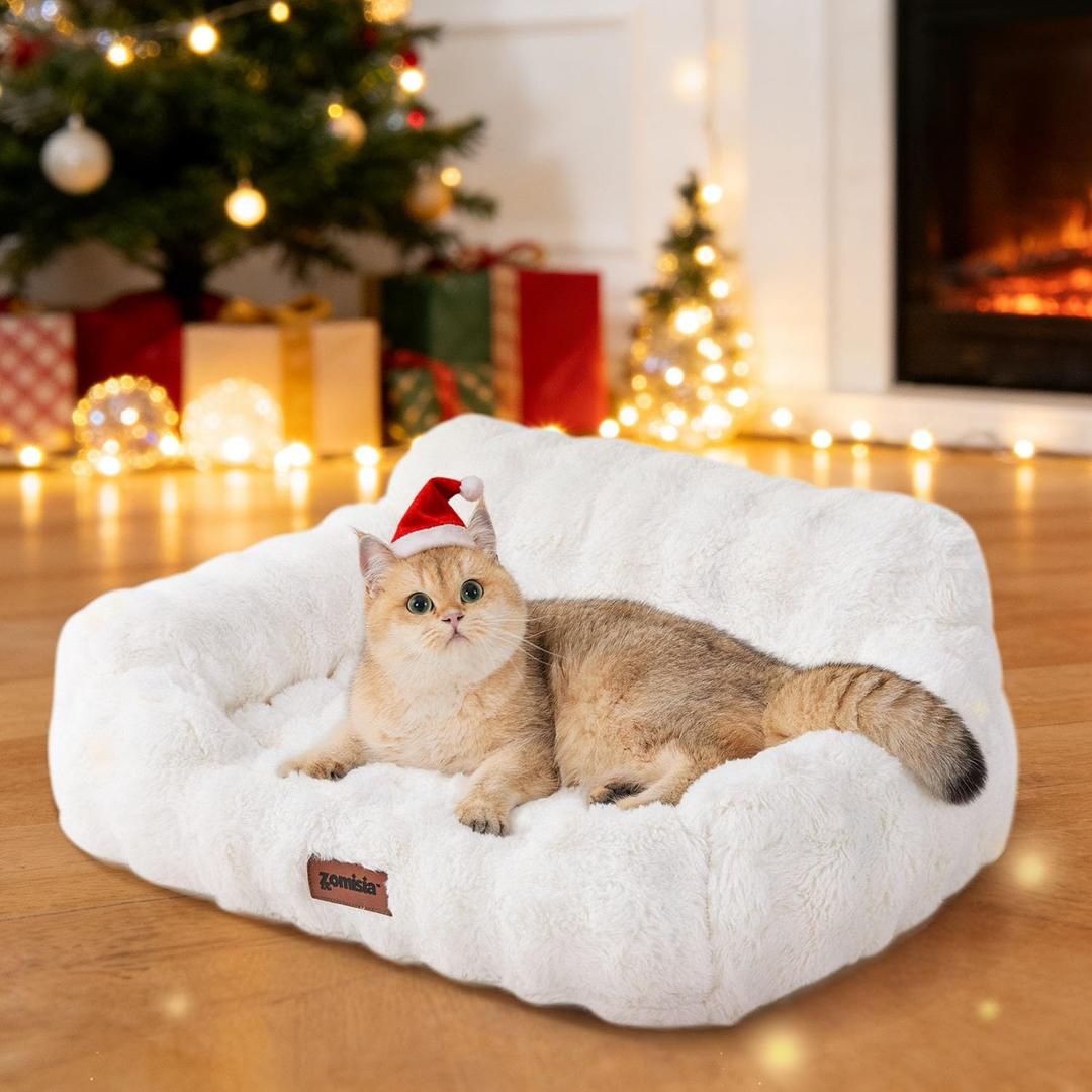 Orthopedic Cat Couch Bed for Indoor Cats, Cute Pet Sofa with Supportive Egg Foam, Fluffy Faux Fur Removable Washable Cover and Non-Slip Bottom, Ivory White
