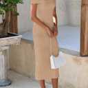 PRETTYGARDEN Summer Dresses for Women Formal Off The Shoulder Midi Bodycon Ribbed Knit Spring Wedding Guest Dress (Khaki,Large) (L)