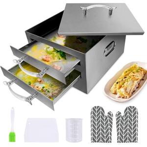 2-Layer Rice Roll Steamer, Stainless Steel Rice Noodle Roll Steamer with Acrylic Handle Steam Tray, Top Open Rice Noodle Roll Machine, for Chinese Cheung Fun Changfen Cuisine Recipes Cookware