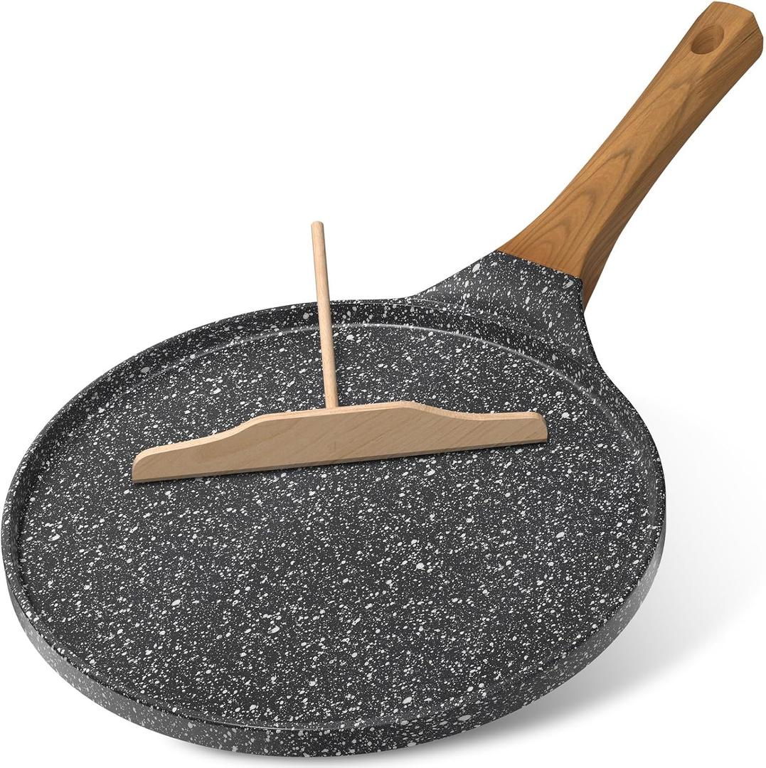 YASHE 10-Inch Crepe Pan Nonstick with Wooden Spreader, Granite Pancake Pan Tortilla Dosa Tawa, Flat Griddle Pan for Induction Cooktop, PFOA Free & Easy to Clean, Wood Grain Handle