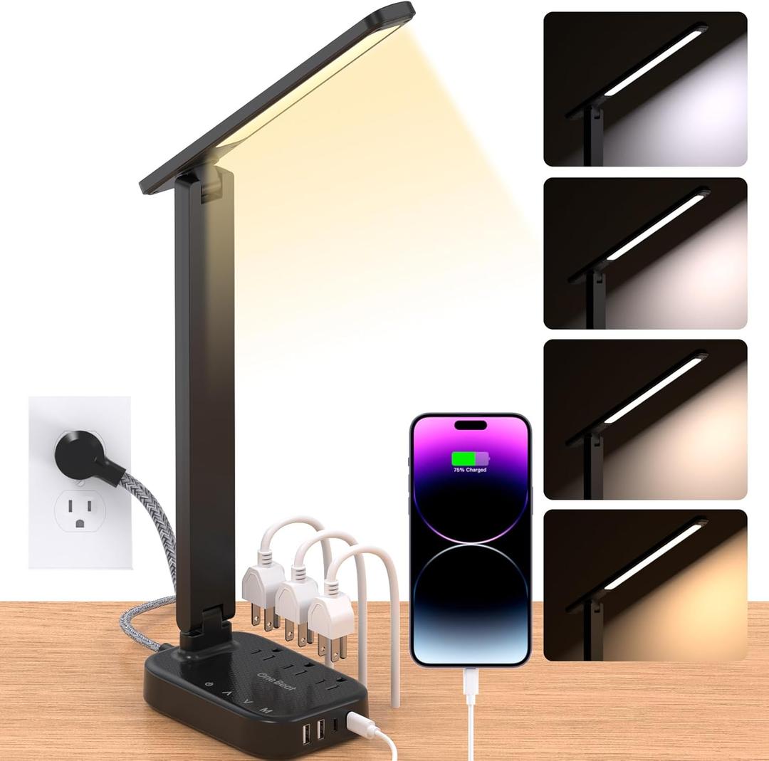 Power Strip with LED Desk Lamp, 3 Outlets 4 USB Ports(2 USBC) 4 Modes 5 Level Touch Lamp Small Desk Lamp for Home Office Bedroom Bedside, Study Reading Light, 5ft Extension Cord, Dorm Room Essentials (Black)