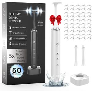 Voraiya Electric Flosser for Teeth 50 Replacement Heads, 3-in-1 Wireless Charging Electric Dental Flosser, Dentist Recommended Reusable Portable Magic Flosser for Travel & Adults (White)