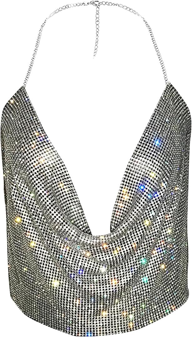 Women Sexy Sparkly Halter Neck Rhinestone Crop Top Deep V Tank Top Backless Body Chain Dance Festival Rave Club Outfits