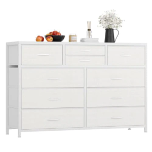 Garvee Wide 10 Drawer Dresser,TV Stand Entertainment Center Fabric Storage Dressers Drawers for Bedroom, Hallway, Nursery, Closets, Steel Frame, Wood Top (White)