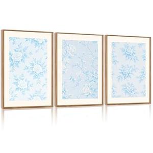 HPNIUB Large Classic Chinoiserie Floral Framed Canvas Wall Art Set, Watercolor Blue and White Flower Rose Wall Decor, Blue Minimalist Wildflower Art Print for Living Room, Bedroom, Office-16 x24 x3