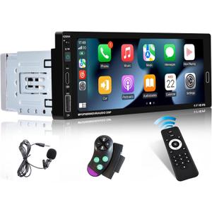 6.9 Inch Single Din Wireless Carplay Car Stereo, Touch Screen Android Auto Car Radio, 1 Din Bluetooth Audio Receiver with Backup Camera, Mirror Link, FM, EQ, USB/Type-C/Aux Input, Mic, SWC