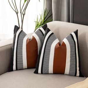 Farmhouse Throw Pillow Covers -Decorative Leather Pillow Cases for Couch Sofa Livingroom Tribal Stripe Accent Cushion Cover 18x18 Inch (2, 20''X20'')