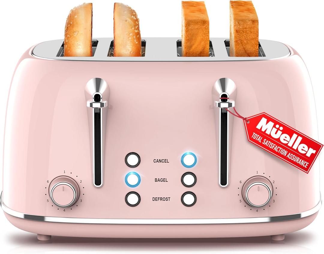 Mueller Retro Toaster 4 Slice with Extra Wide Slots Bagel, Defrost, and Cancel Function, 6 Browning Levels, Dual Independent Controls, Removable Crumb Tray and High Lift Levers, Pink