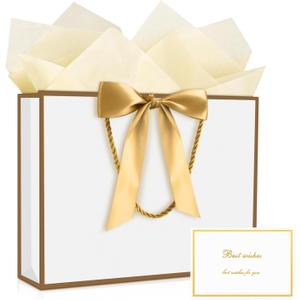 JMANNI Gift Bag, 1PCS Gift Bags Large with Ribbon and 1 Greeting Cards 2 Tissue Paper, Portable Paper Gift Bag with Handles, Birthday Gift Bags,Present Bags for Wedding Party Mothers Day