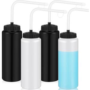 Domensi 4 Pack 32 oz Hockey Sports Water Bottle with Long Straw Easy Squeeze Plastic Bottle Helmet Friendly for Sport Hockey Football Lacrosse (Black/translucent, Classic)
