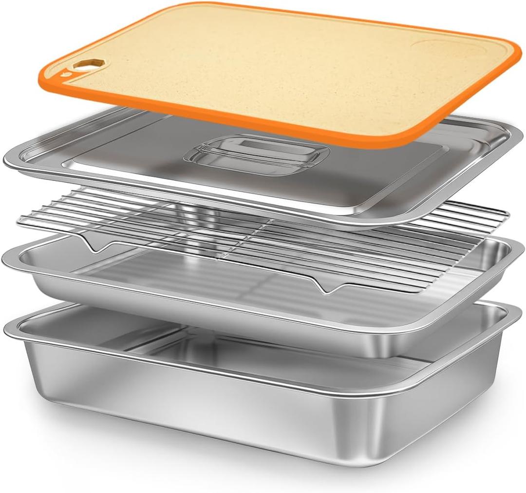 Grilling Prep and Serve Trays with Lid, Stainless Steel Extra Large Grill Carry System, Deep Marinating Container with Cutting Board for BBQ Outdoor Grilling