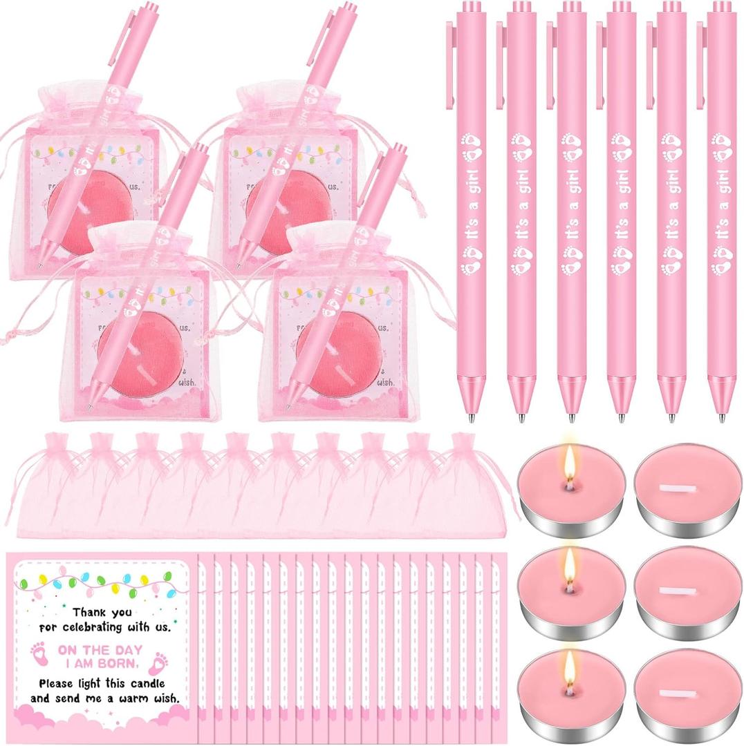 Ctosree 50 Sets Baby Shower Favors for Guests Include 50 Pcs Tea Light Candle Bulk Thank Tag and Chiffon Bag with Drawstring Retractable Ballpoint Pen for Gender Reveal Party Supplies (Pink)