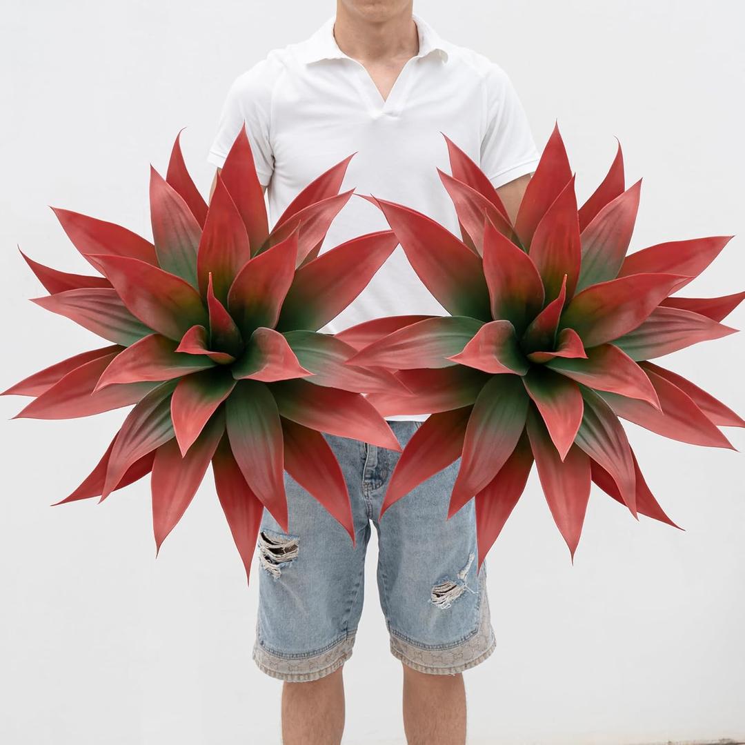 Ttranewsoo Artificial Agave Plants,Large UV Resistant Fake Agave Planters for Indoor and Outdoor Decorating Artificial Plants for Outdoors Fake Plants 2Pack, 28" Red