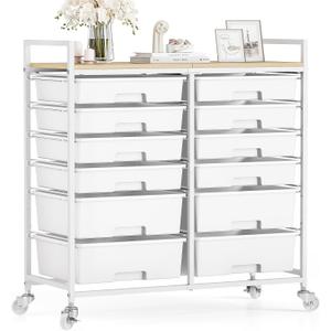 Rolling Storage Cart with 12 Drawers, Wooden Tabletop Utility Cart for Craft Storage, Art Supply Storage & Home Office Organization, Teacher Cart with Wheels for Classroom, School (White)