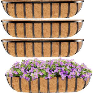 HFHOME 4 Pcs 24" Window Box Deck Railing Planter with Horse Trough Coco Liners, Black Metal Hanging Flower Planters Baskets for Indoor, Outdoor, Balcony, Porch, Fence, Patio, and Lawn (24 inches-4P)
