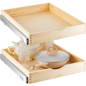 2 Set Pull out Tray Cabinet Organizer Wooden Pull Drawers storage Slide out Pantry Shelf for Base Cabinet Kitchen Gentle Close Fully Assembled Accessories(Wood Color,18'' X 21'' X 3'')