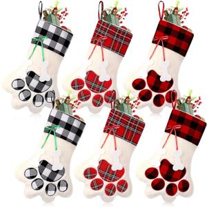 Realspring 6 Pcs Large Christmas Paw Stockings for Dog Cat Pet Christmas Hanging Stocking with Bone Pattern Tags for Puppy Xmas Gifts Party Fireplace Tree Decoration