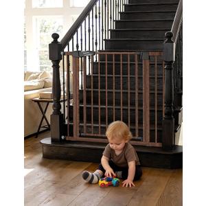 Babelio Baby Gate with Black Wood Pattern, 29-48 Inch Auto Close Dog Gate PressGuard P7 for The House, Stairs and Doorways, Pressure Mounted Pet Gate with Door and Y Spindle Rods