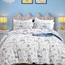 CLOTHKNOW Kids Twin Comforter Sets 3Pcs Cartoon Vehicle Bedding Comforter Sets Blue White Comforter Boys Bedding Twin Tank Aircraft Pattern