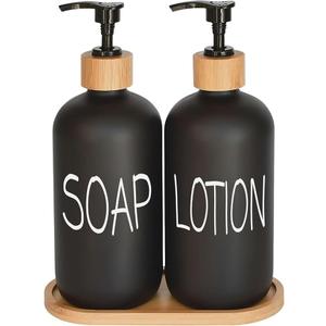 Black Soap Dispenser Bathroom Set, Set with Glass Dispenser, Bamboo Pumps & Tray. Hand and Lotion Suitable for Farmhouse Dec