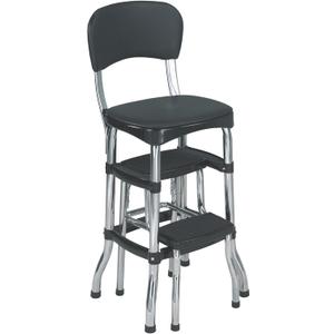 COSCO Retro Plastic & Vinyl Upholstered Stylair Retro Counter Height Chair with Step Stool, Comfortable Cushioned Seat and Back, in Black & Chrome Finish